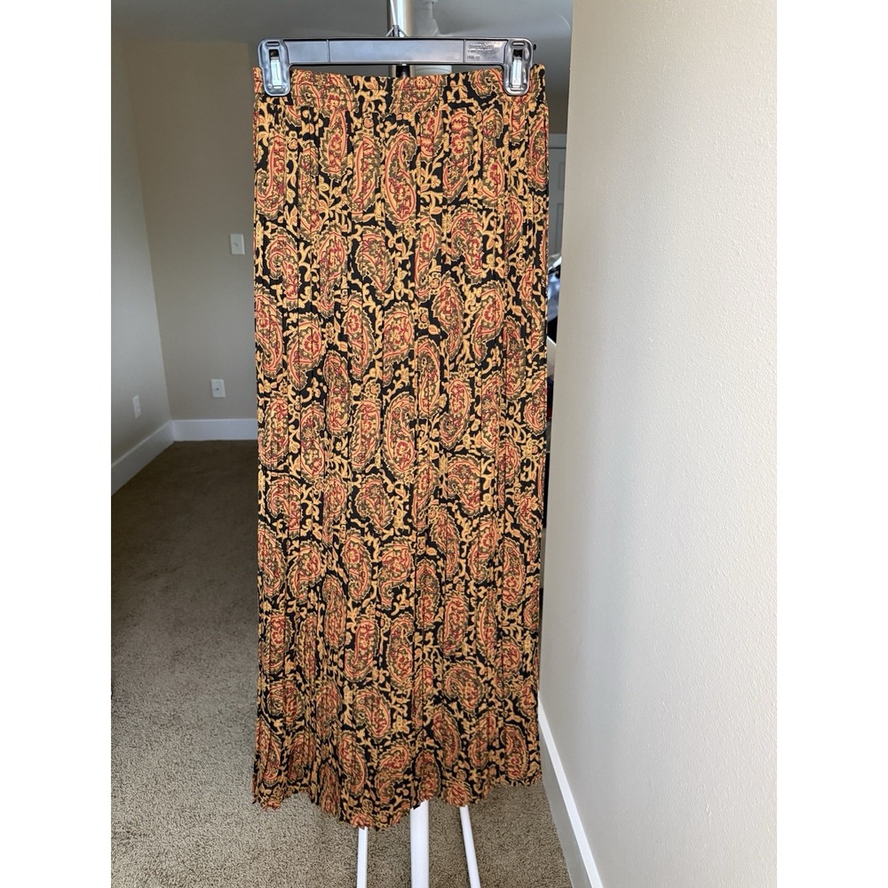 Central Falls Vintage Paisley Plisse Pleated Maxi Skirt Yellow Red Small 51441